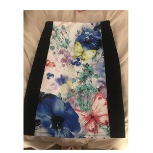 Black Butterly Panel Pencil Midi Skirt